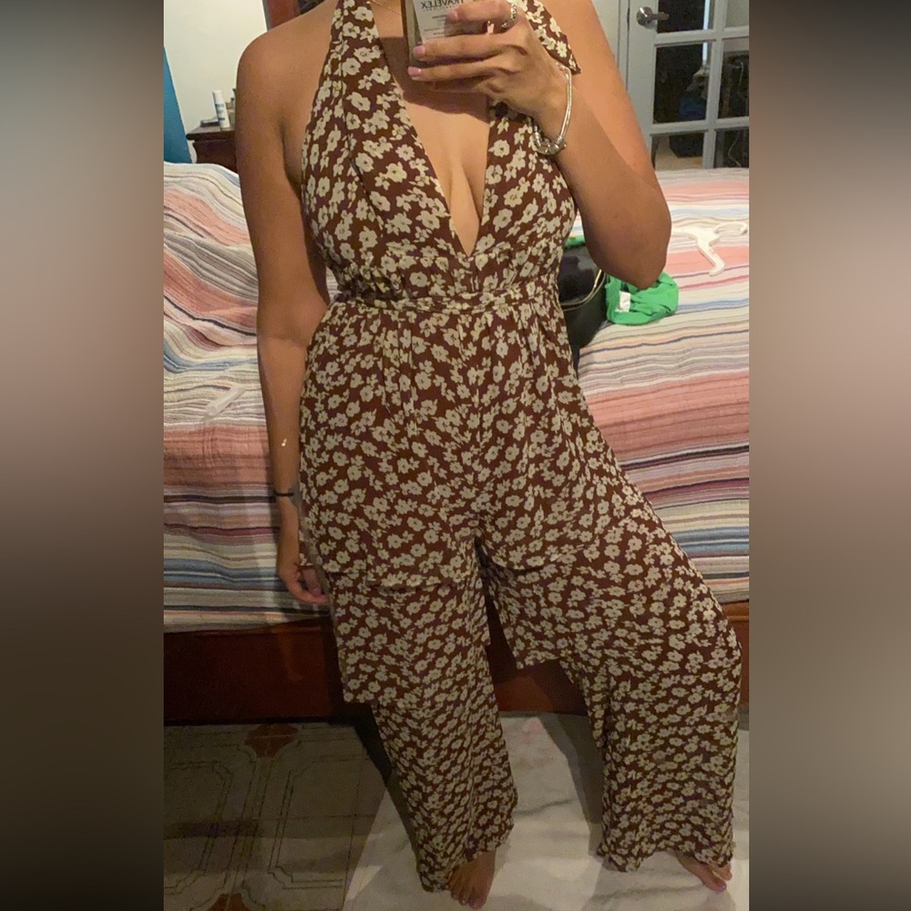 Halter UO Floral Brown Jumpsuit backless